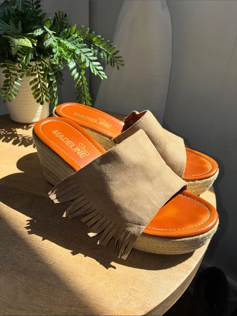 Madeline girl DASHED Tan Faux Suede Fringed Wedge Sandals 7.5